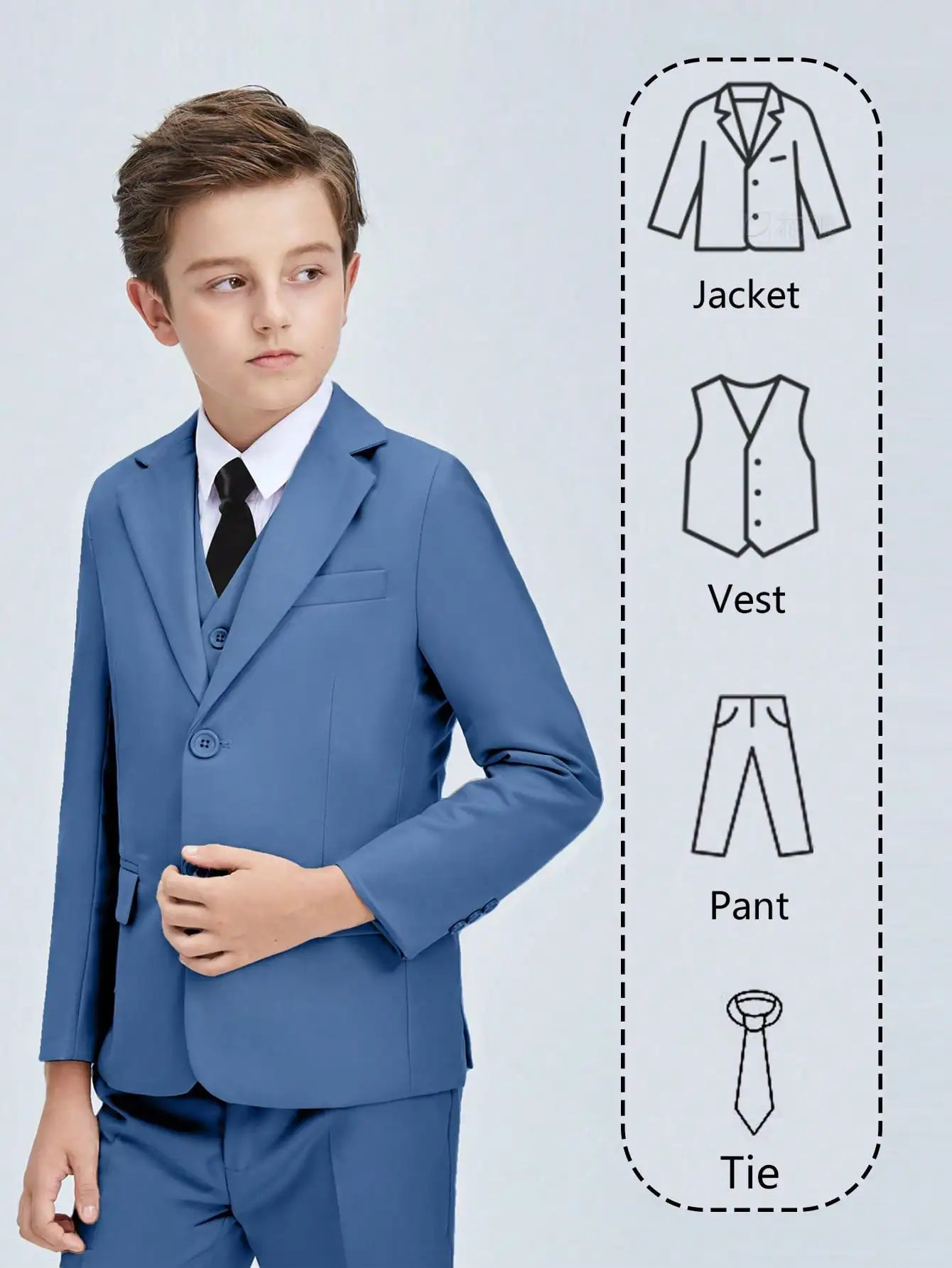 

4-Piece Boys Formal Suit Set: Jacket, Vest, Pants & Tie in Blue, Ages 6-16