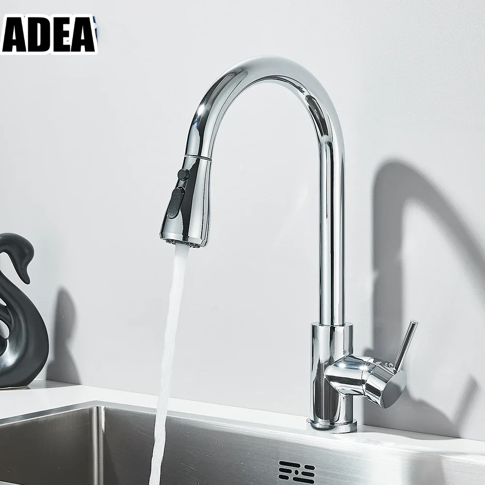 ADEA Chrome Kitchen Faucet Deck Mounted Pull Out Spout Kitchen Sink Mixer Tap Single Level Stream Sprayer Nozzle Mixer Tap