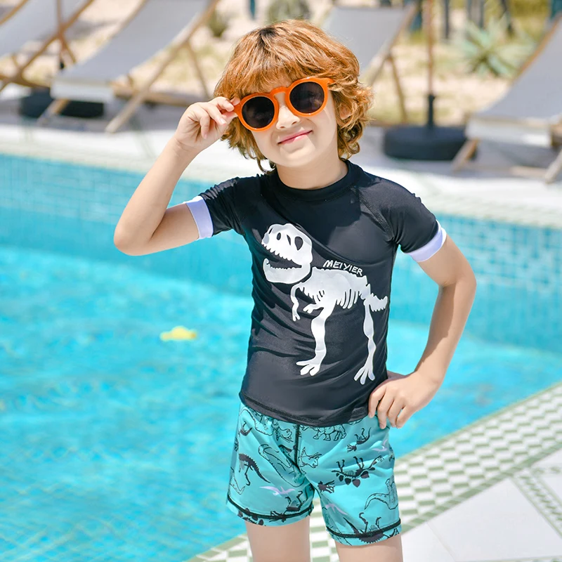 MEIYIER Quick Dry Kids Swimsuit Boys Cute Dinosaur Cartoon Children's Surfing Swimming Suit Shirt+Shorts,2-12 Years