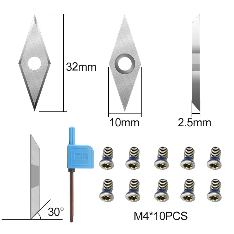 XCAN Diamond Carbide Insert 10pcs 10x32mm 30 Degrees Wood Turning Tool Insert Cutter Woodworking Lathe Tool Blade Replacement