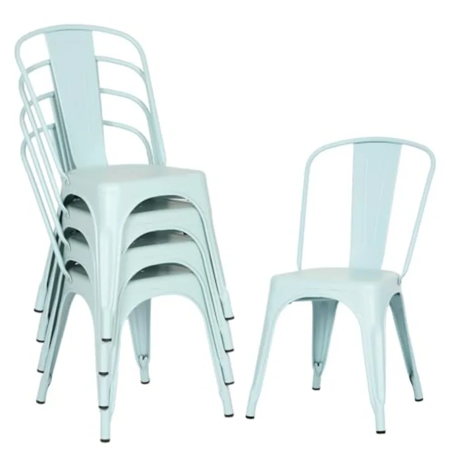 

Set of 4 Metal Dining Chairs Blue Stackable Tolix Side Chairs with Backrest Scratch-Resistant Non-Slip Feet Indoor/Outdoor Use