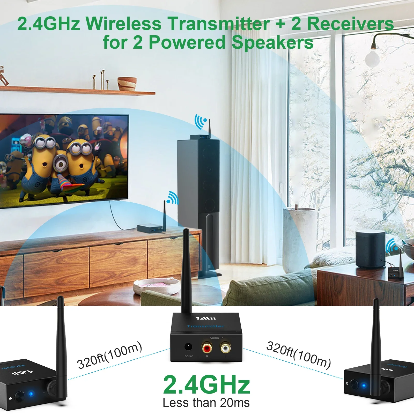 1Mii 2.4G Wireless Audio Transmitter and Receiver 100m Long Distance No Delay 192K/24bit HiFi 1 TX + 2 RX Set for TV/Speaker/Amp