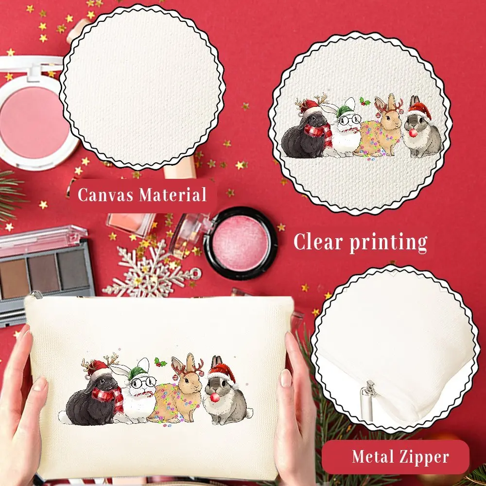 Un sac de maquillage rétro lapin de Noël – Jolie pochette multifonctionnelle à fermeture éclair pour femmes, sac de rangement de bijoux