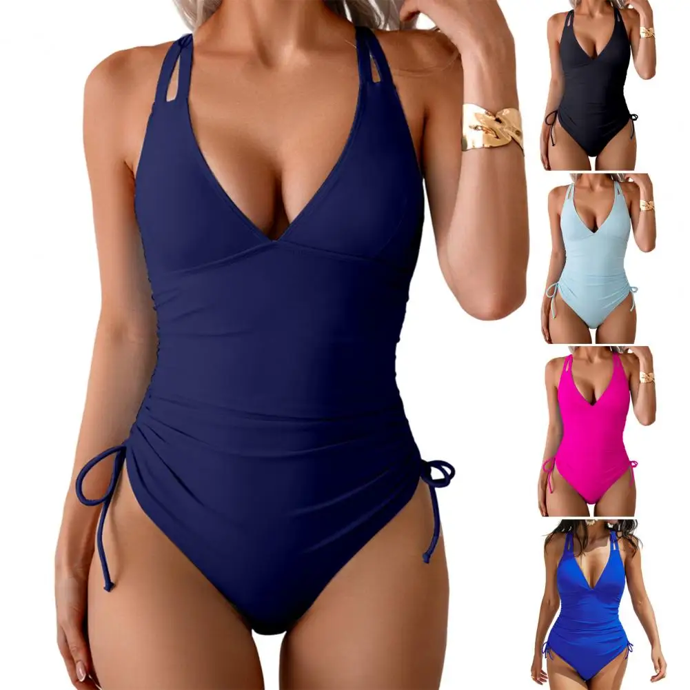 One Piece Swimsuit Women Solid Swimwear Sexy V Neck Backless Monokini Push Up Swim Suit Trikini Pad Bathing Suit Surfing