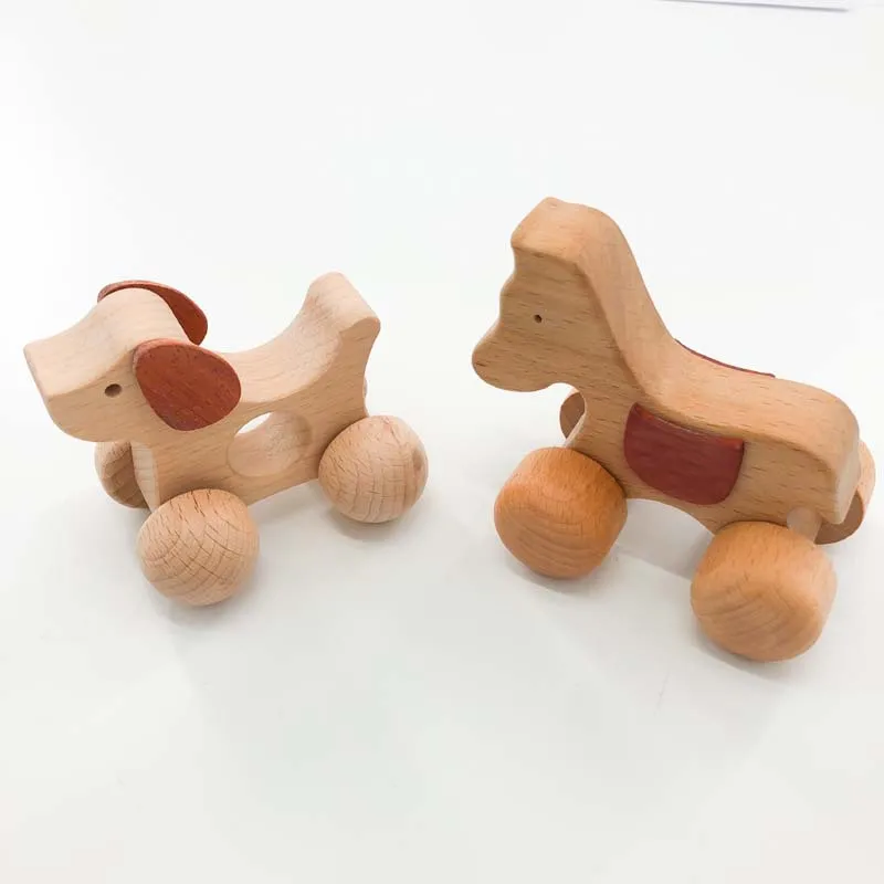 1Pcs Animal Shaped Car Puppy Pony Wooden Pushcart  Wooden Handmade Trolley Montessori Hand-brain Coordination Toys Baby Gift