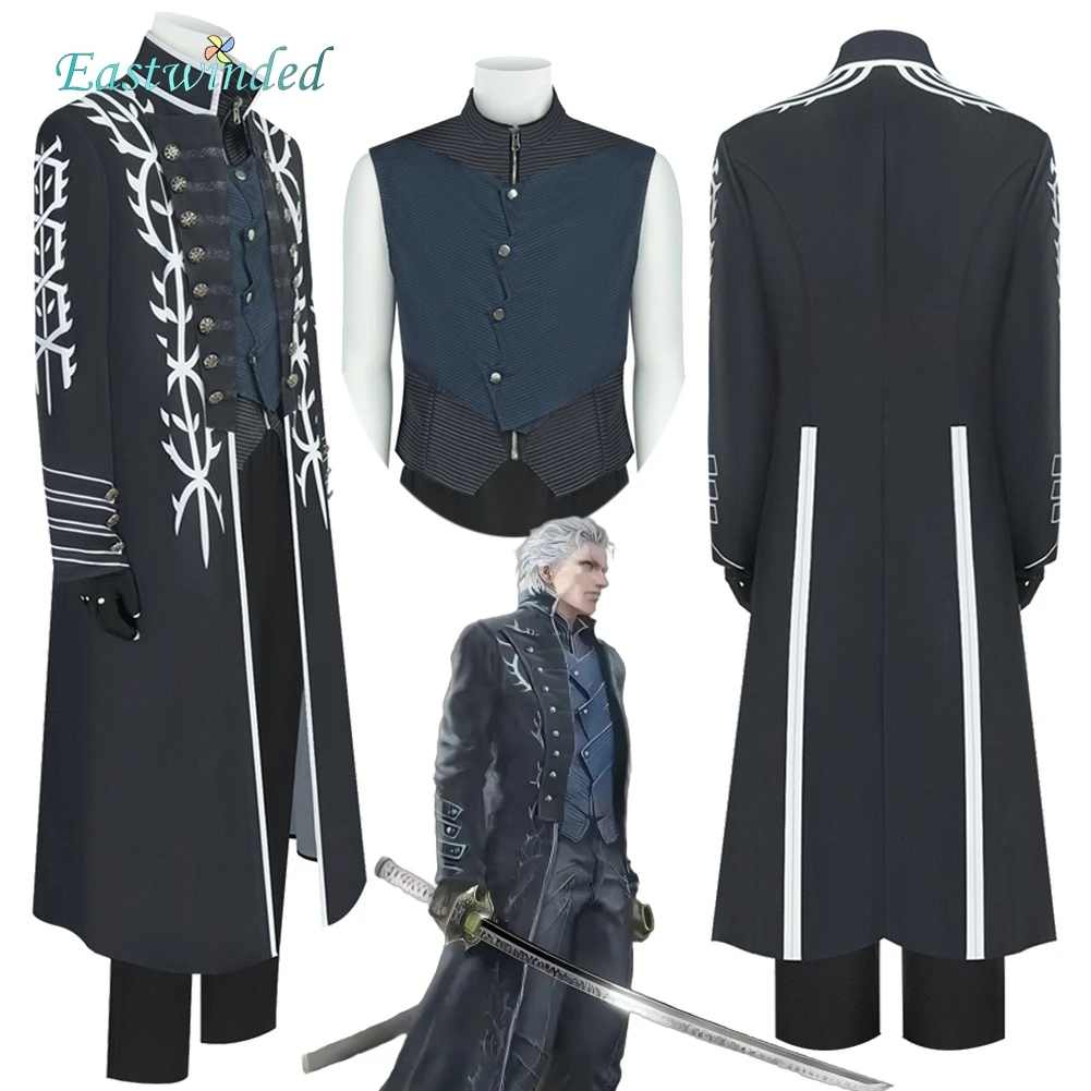Jeu DMC 5 Vergil Cosplay noir Costume Costume adulte hommes Roleplay haut pantalon manteau gants tenues déguisement Halloween carnaval fête