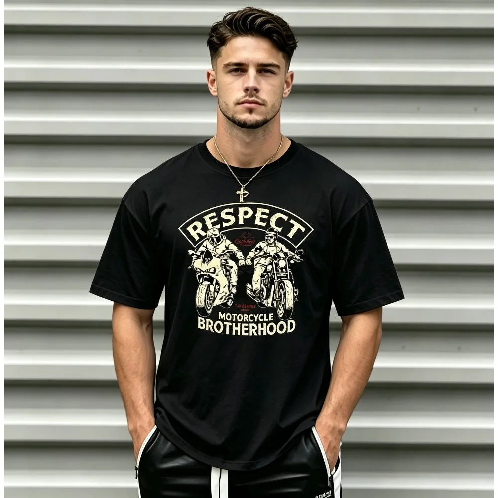 2026 New Motorcycle Brotherhood Theme T-shirt, Two Riders Side-by-Side Illustration,  Hardcore Biker Street Unisex Tops