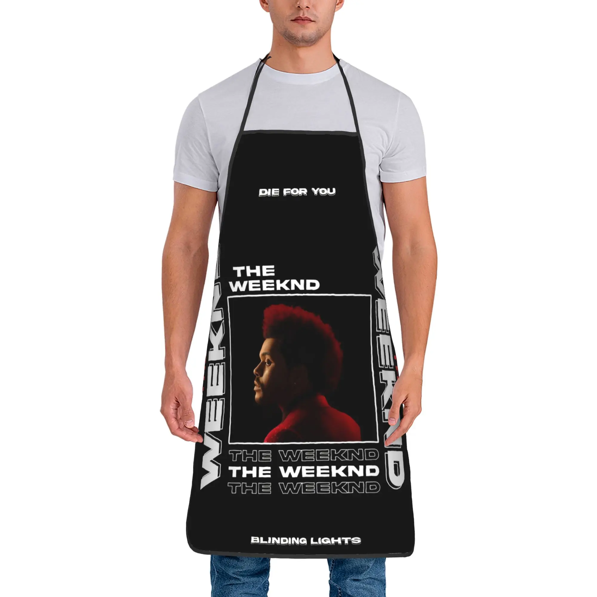 Delantal moderno sin bolsillo para el hogar, con diseño de álbum musical de The Weeknd, ideal para trabajo, barbería o cocina.
