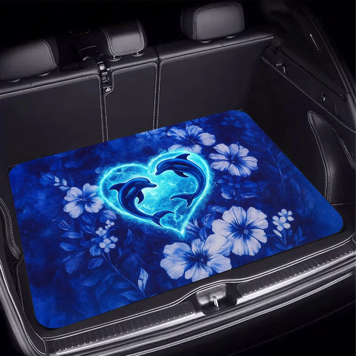 1pc Blue Dreamy Dolphin And Floral Style Car Trunk Mat, Beautiful Printed Pattern, Essential For Travel, Universal Fit For Vario