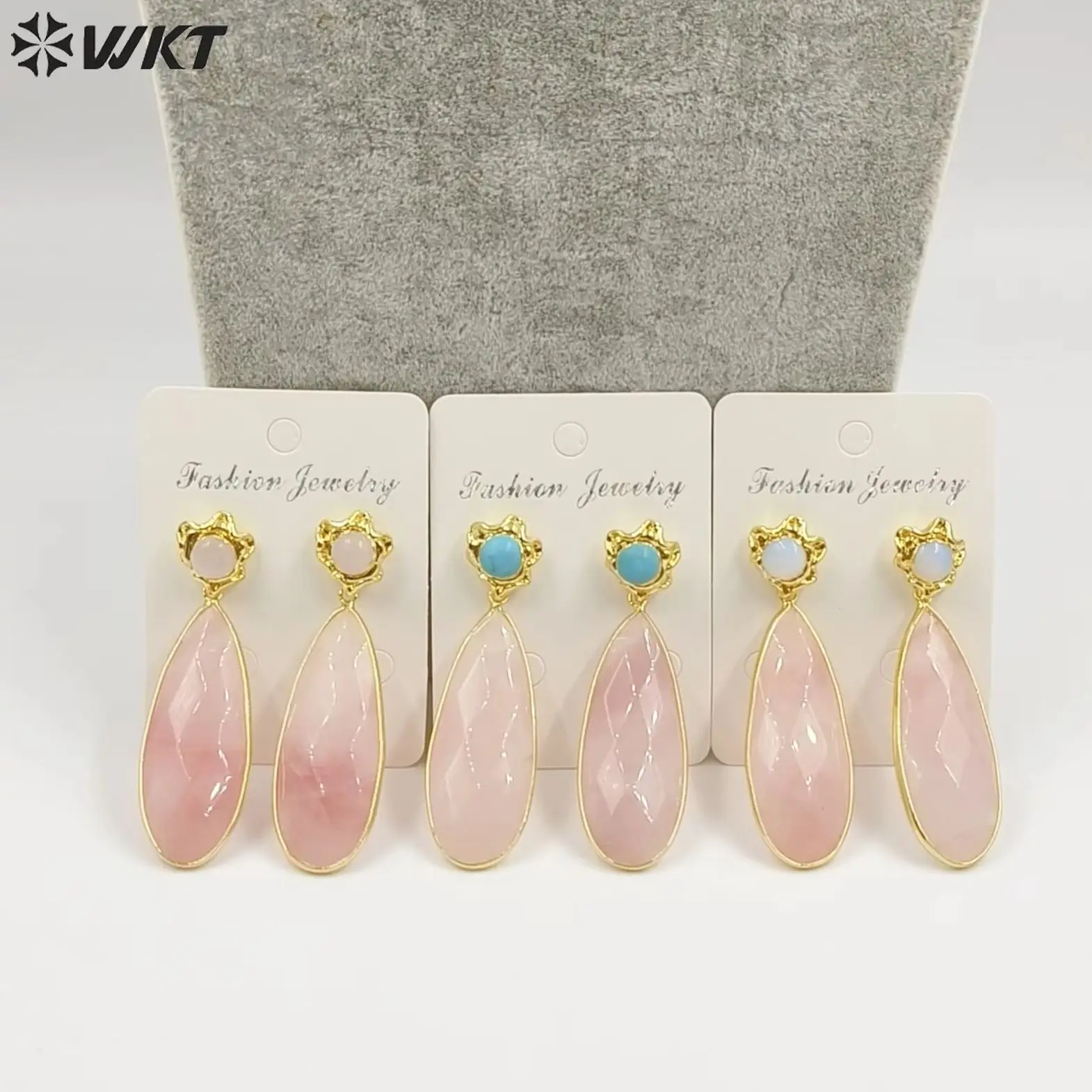 WT-E792 Elegant Style Natural Pink Crystal Drop Shape Women Earring With Turquoise Opal Gemstone 18k Goldplated Studs