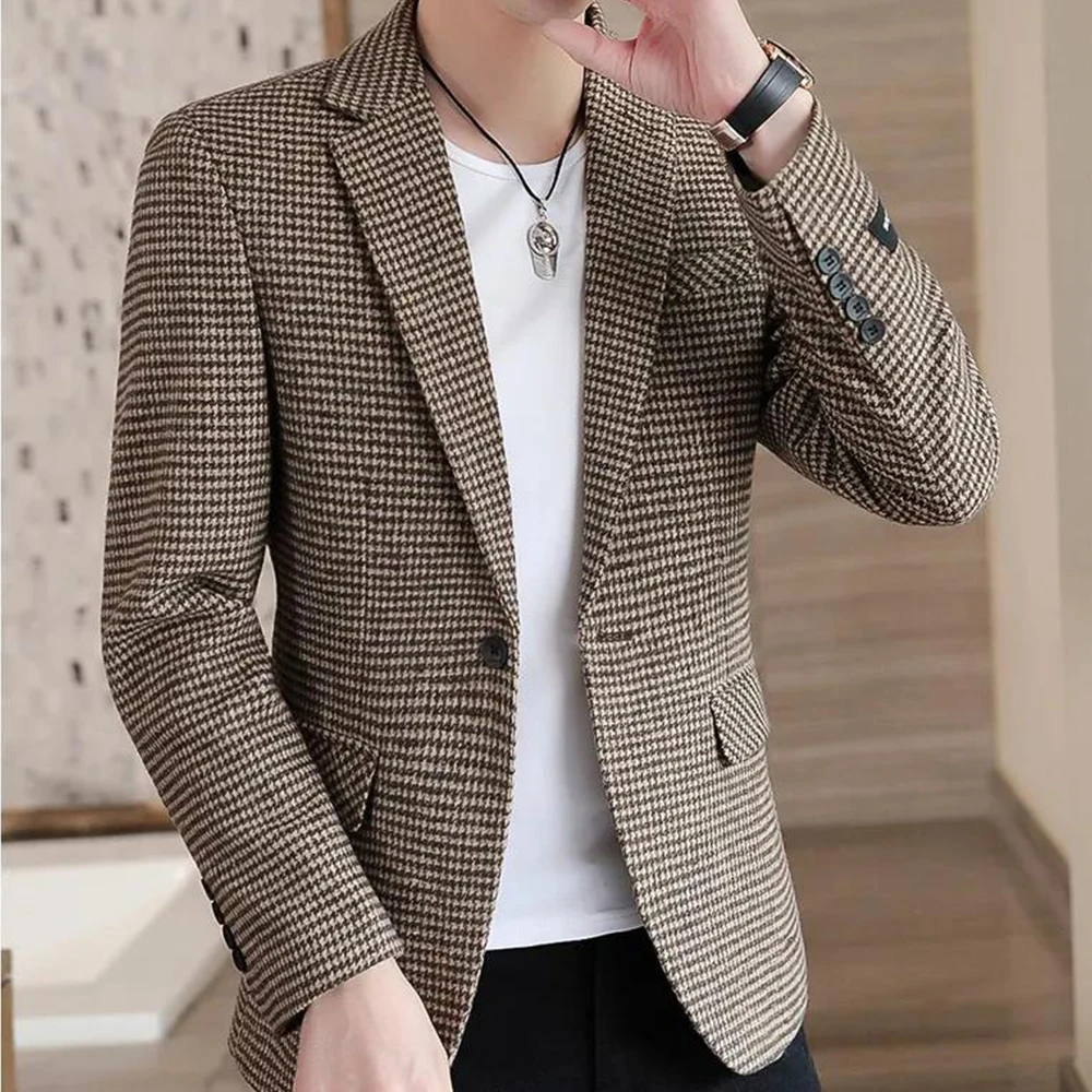 

Houndstooth Blazers for Men Single Breasted Flat Collar Long Sleeves Slim Casual Suits Blazer Men's Clothing