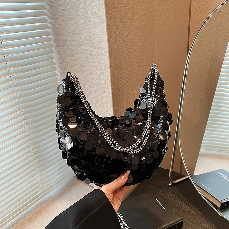 Crescent Shape Sequins Crossbody Bags For Women 2024 Designer Korean Fashion Chain Shoulder Bag Lady Handbags And Purses