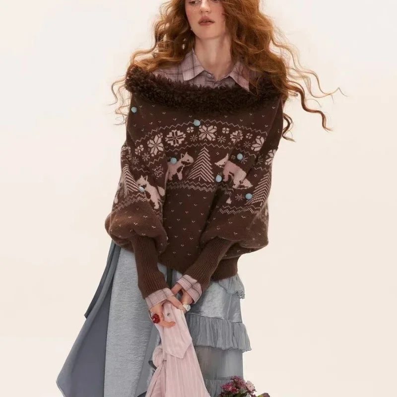 

Korean Fashion Splicing Fur Sweater Women Autumn Winter New Cashmere Knit Pullover Soft Slash Neck Female Knitwear