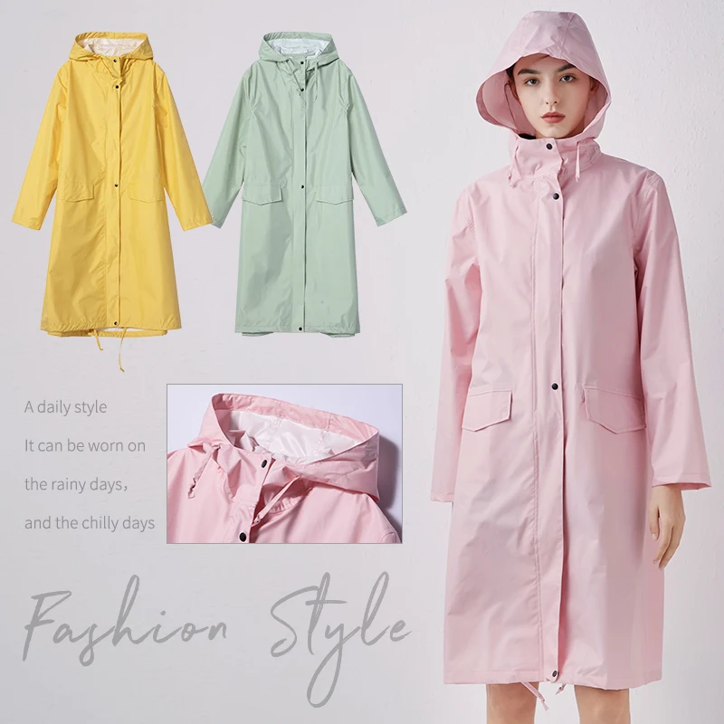 Womens Stylish Solid Yellow Rain Poncho Waterproof Raincoat with Hood and Pockets