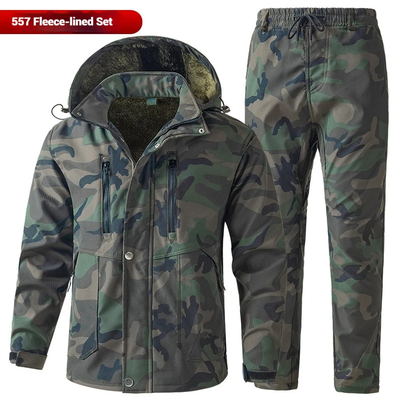 

Mens Autumn Winter Fleece Thickened Grid Workwear Set Cold Proof Wear Resistant Dirt Resistant Labor Protection