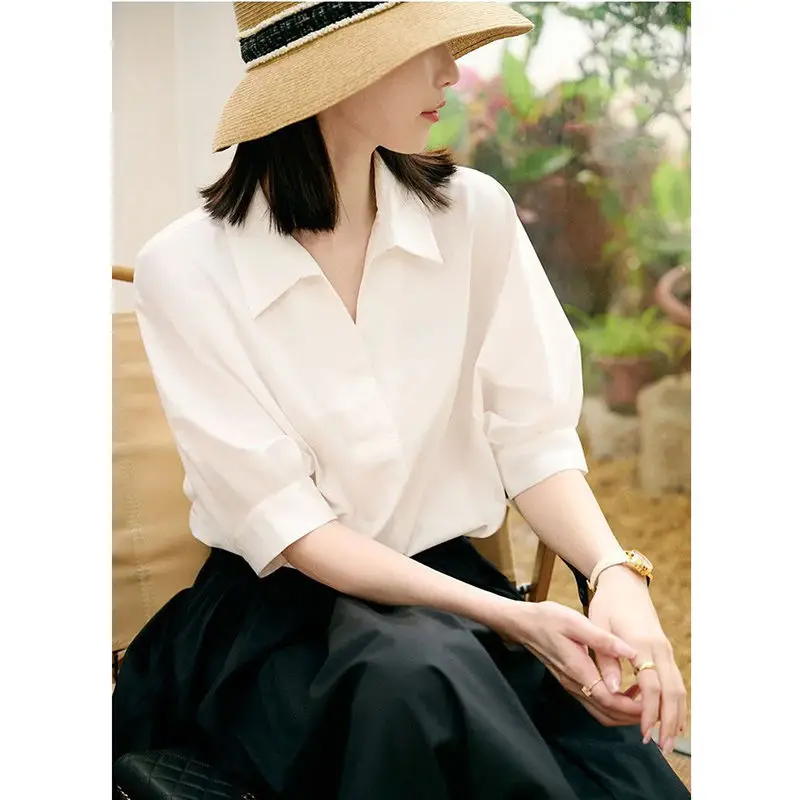 French Casual Versatile Thin White Short Sleeved Shirt Loose Stylish Fashion Office Lady Simplicity Elegant Pure Bright Easy