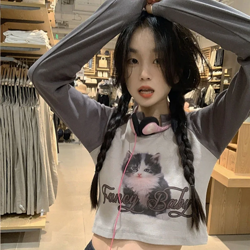 Y2k Aesthetic Patchwork T Shirts Kawaii Cat Print Graphic Cute Top Women Casual Crop Tops Long Sleeve Harajuku Pink Color Tees