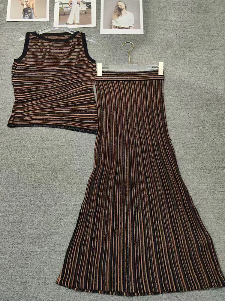 2026 Summer Women's Clothing Retro Striped Shiny Silk Knitted Vest Two-piece Set + Elastic Tight Hip-packing Skirt Fashion Suit