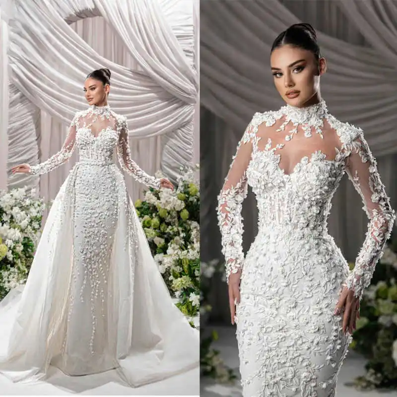 

Gorgeous Wedding Dresses Mermaid Sweetheart Full Sleeve Floor-Length Detachable Train Princess Bride Wedding Dress Custom Made