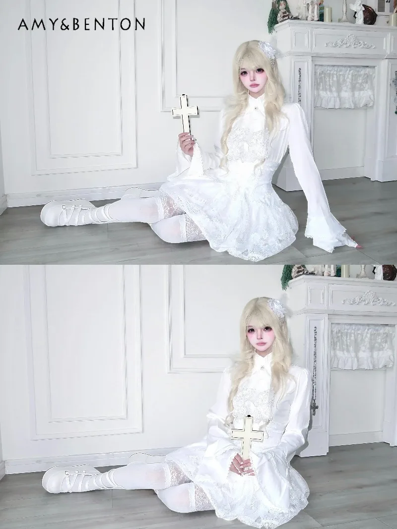 ゴシックサブカルチャー ホワイトロリータ衣装 ベルスリーブ スリムシャツ ハイウエスト スリミング パフスカート 原宿スタイル ツーピースセット 女性用