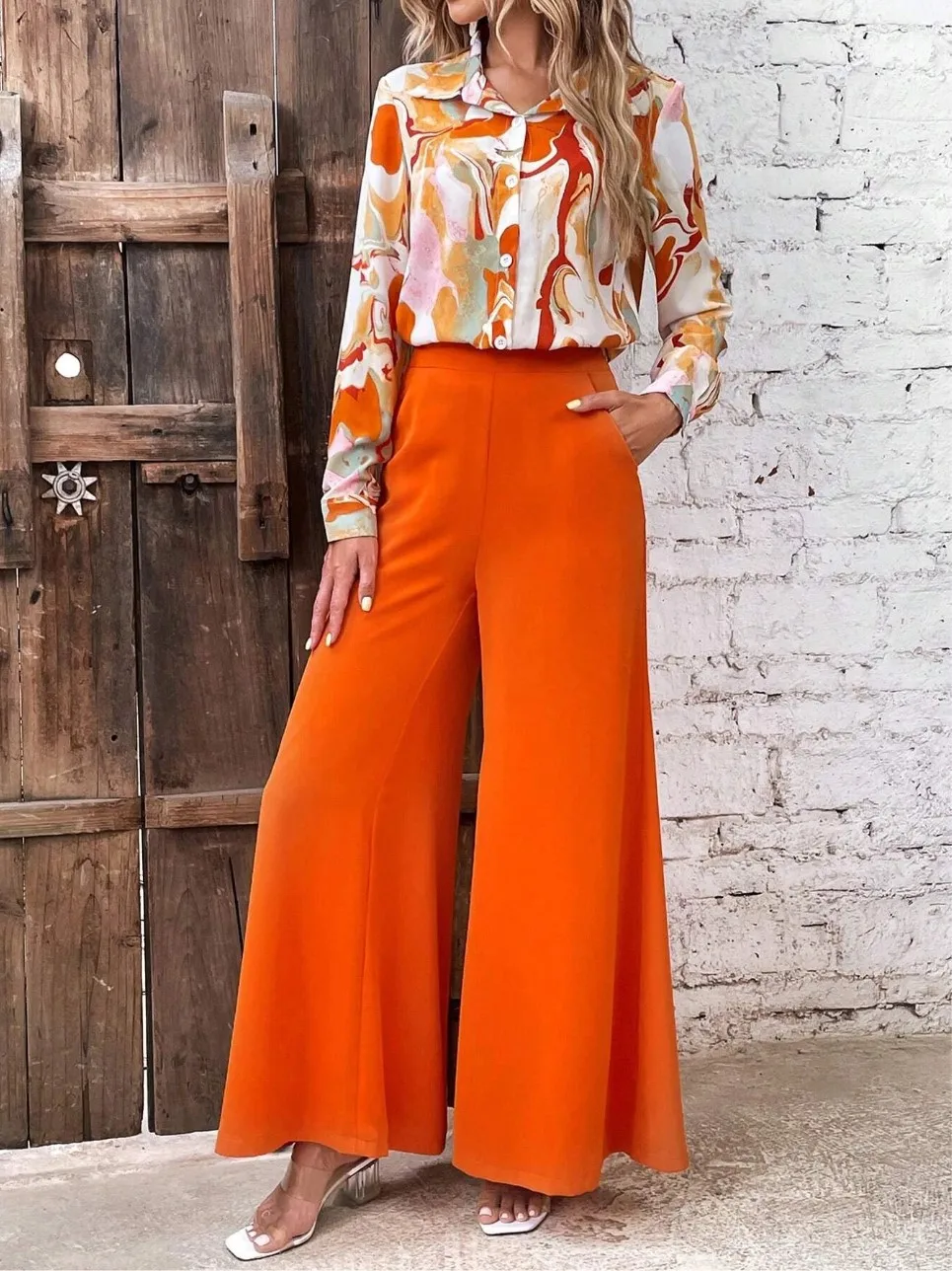 

Elegant Commuter Two Piece Set Spring Fashion Lapel Single Breasted Long Sleeved Print Shirt Solid Color Wide Leg Pants Set