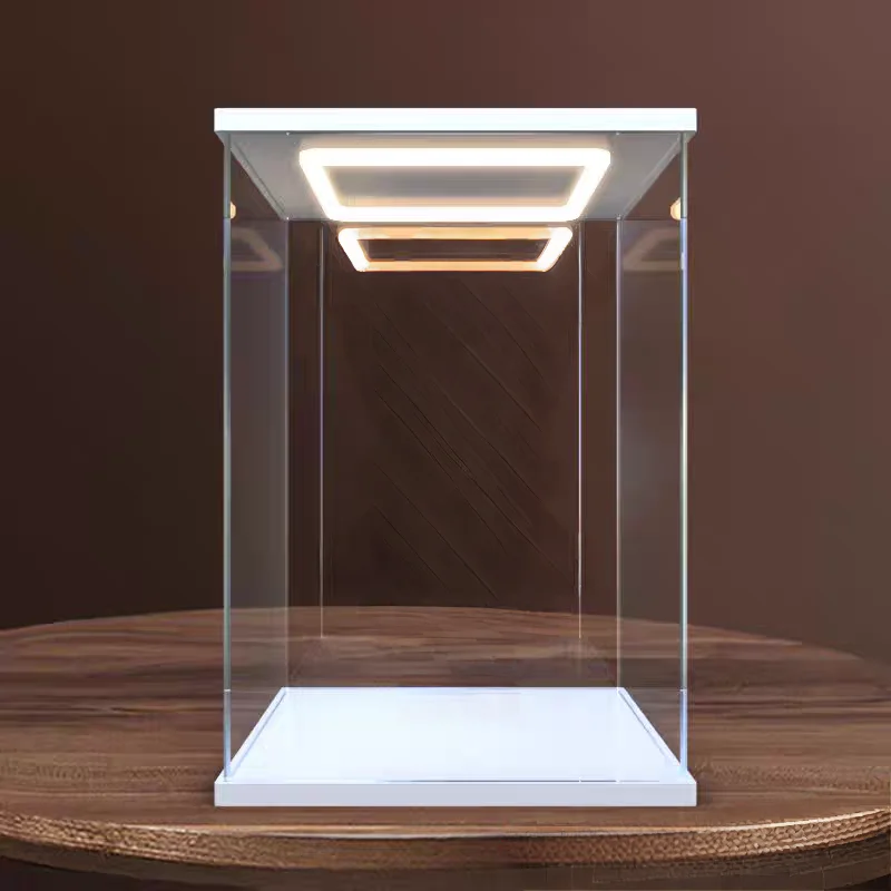

Toy Ring LED Light Display Cabinet with Revolving Door, Assembled Stackable Storage Box, Dust-proof Car Models Display Case
