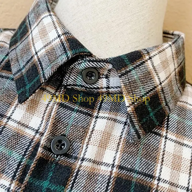 49MD Men Vintage Large Lattice Plaid Print False Collar Detachable Dickey Lapel Blouse Button Down Casual Layering Half Shirt