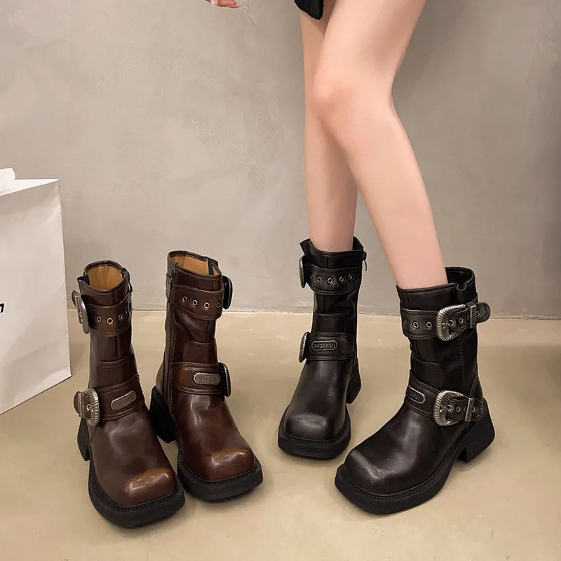 Botas curtas retrô para mulheres, outono 2024 novo estilo britânico fundo grosso explosivo botas da moda de rua, botas de cowboy estilo ocidental