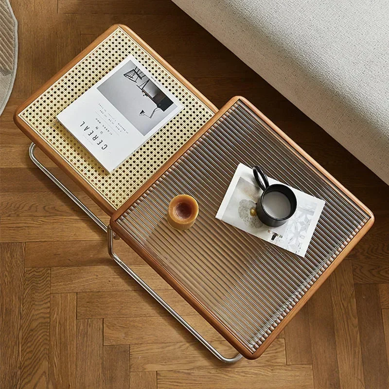 Coffee Table Modern Minimalist Solid Wood Stainless Steel Home Living Easy Assembly Stable Sturdy Glass Top Rattan Wicker