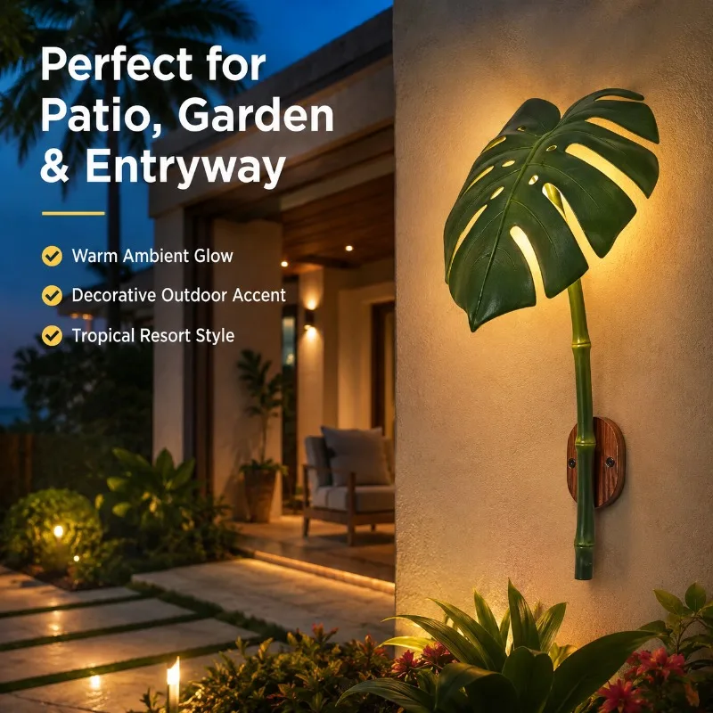 Monstera Leaf Outdoor Wall Light IP65 Waterproof LED Green Plant Sconce for Garden Villa Yard Porch Courtyard Outdoor Wall Light