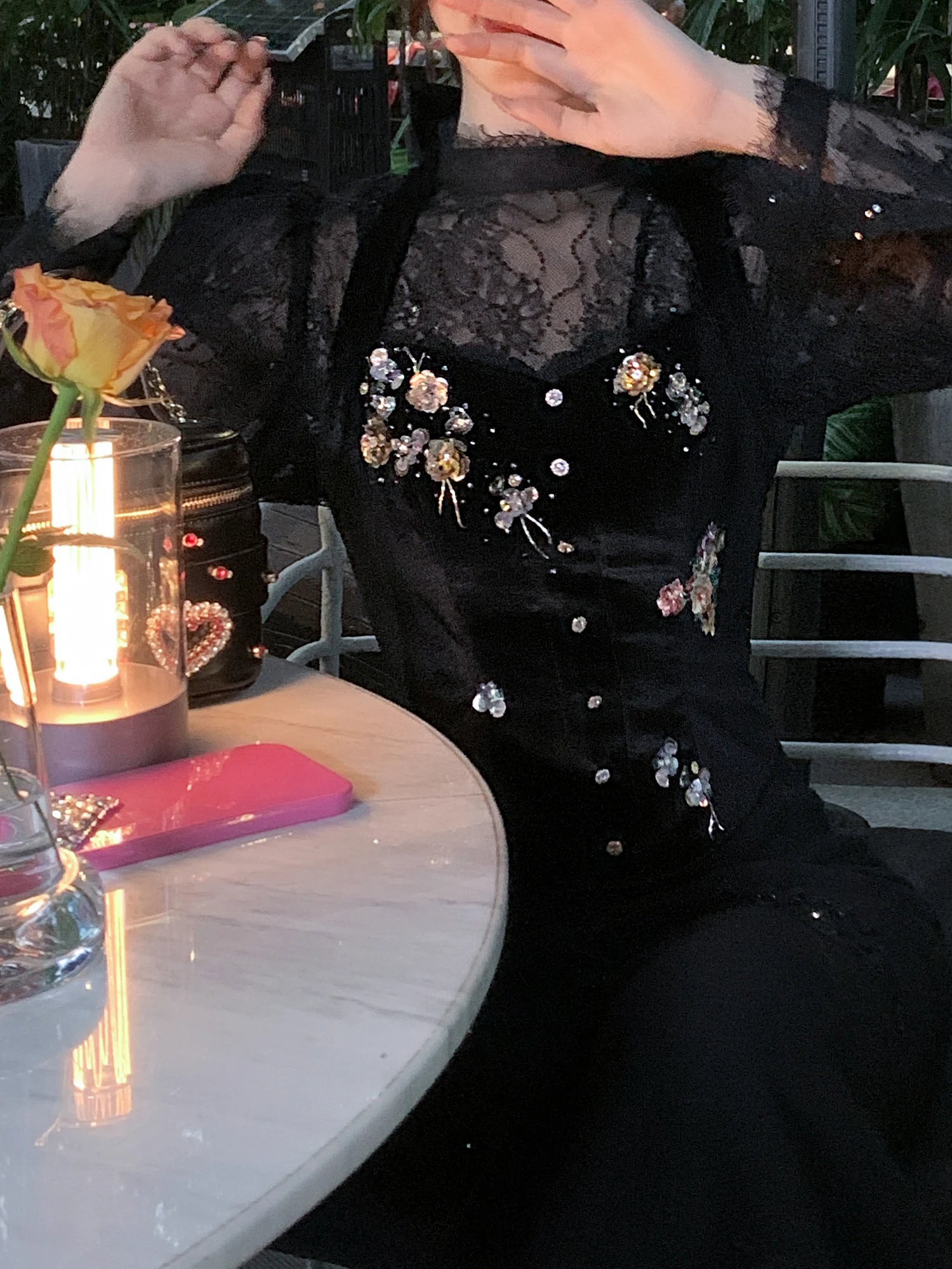 

Night Garden Velvet Lace Shirt Women's Sexy Style Floral Embroidery Beaded Necklace Strap Top Bottom Set Spring Autumn Wear