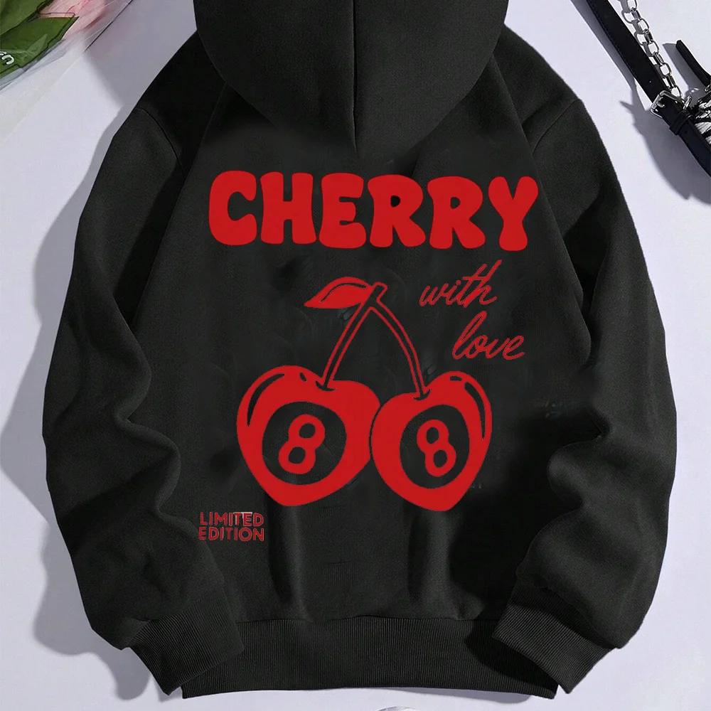 Cherry Print Long-Sleeved Sweater Women Spring Autumn Drawstring Hoodie Casual Vintage Ladies Basic Wear Hooded Tracksuit Tops