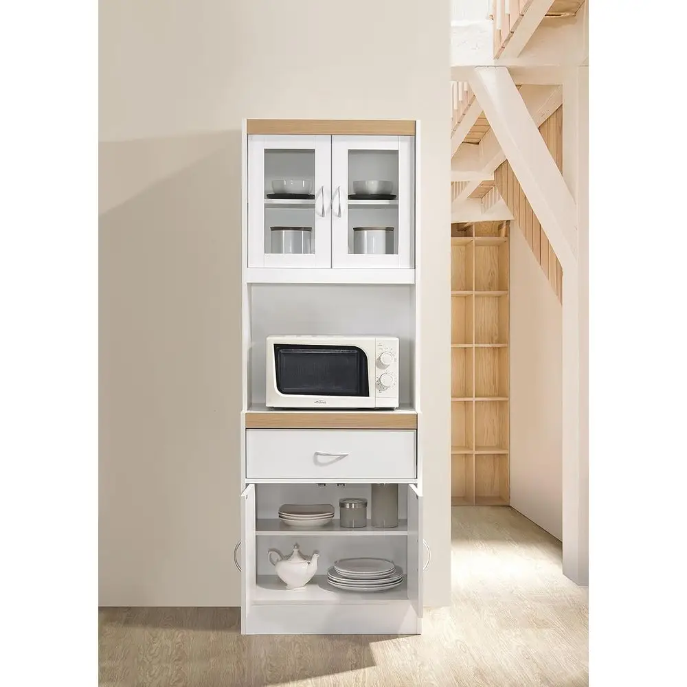Long Standing Kitchen Cabinet with Top and Bottom Enclosed Cabinet Space, One Der, Large Open Space or Microwave, White