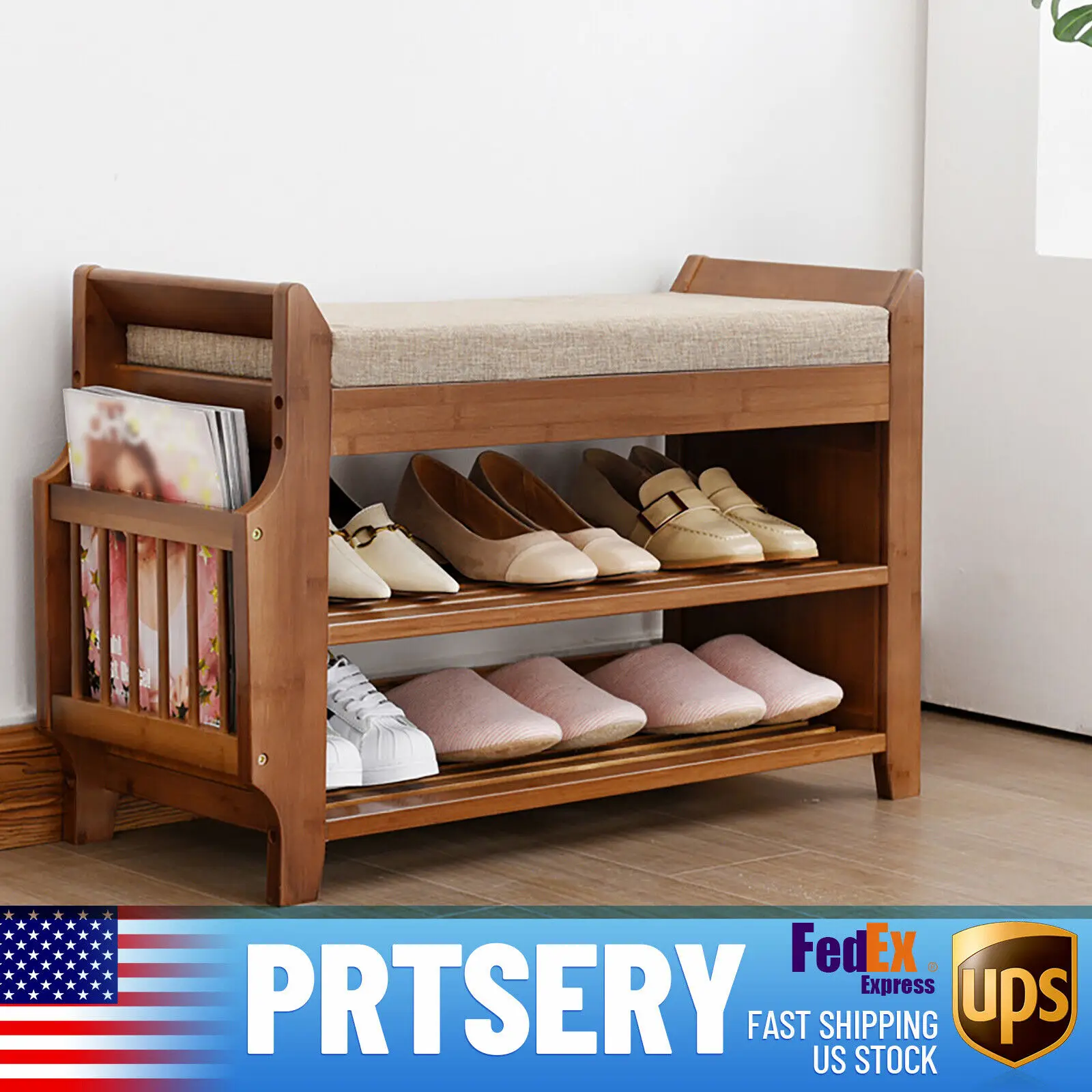 

Bamboo Shoe Rack 2 Tier Bench w/ Removable Cushion Entryway Organizer Shelf Home