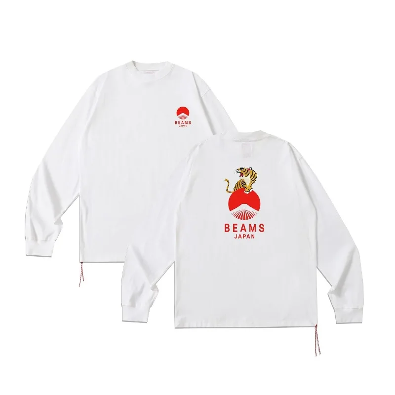 BEAMS JAPAN Japanese Streetwear Red Badge Red String Custom Design Unisex Long Sleeve T-Shirt Casual Top