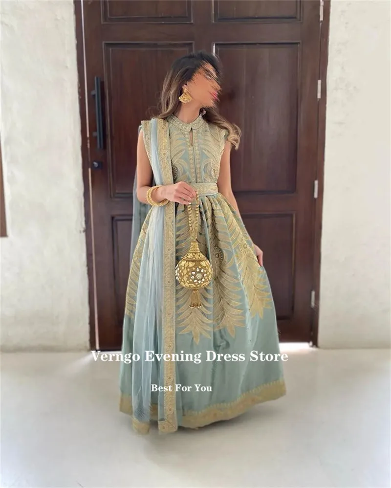 Verngo Moroccan Kaftan Evening Dresses High Neck Lace Pattern Vintage Dubai Arabic Women Formal Party Prom Dress Formal Gown