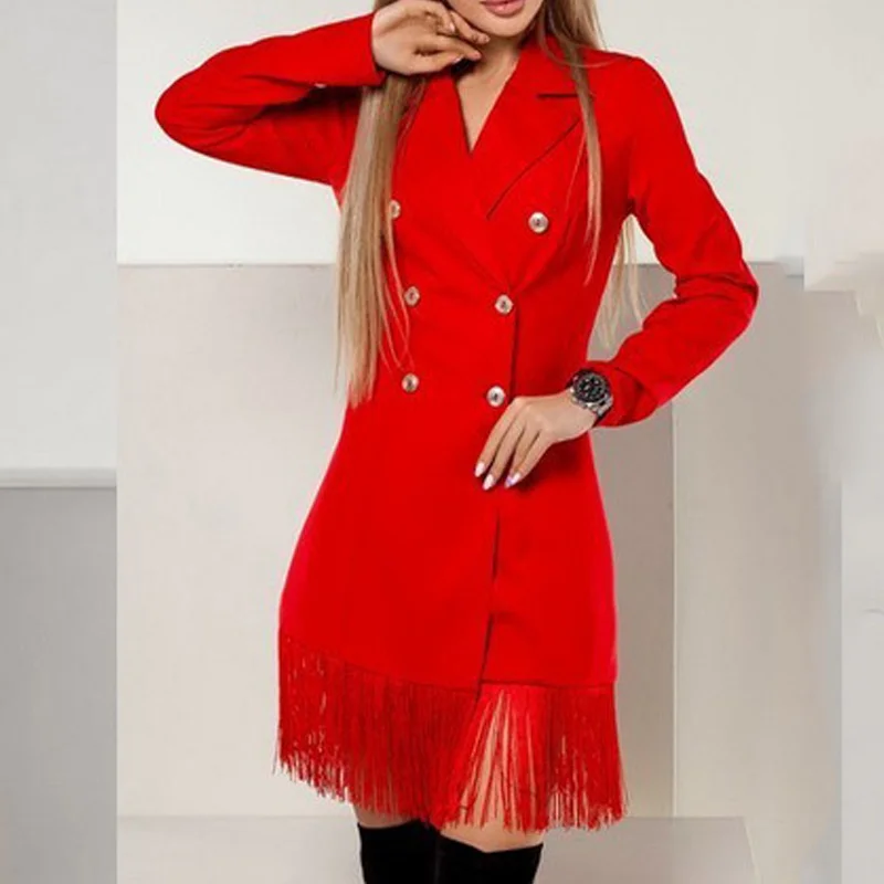 

Sexy Women's Double-Breasted Slim-Fit Tassled Suit Jacket Dress for Autumn and Winter 2023 Office Lady Mini Black Tassel Dress