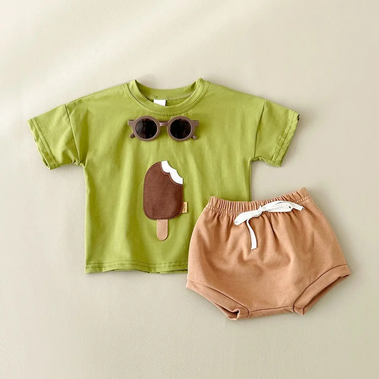 2PCS Baby Toddler Girls Boys Clothes Set Casual Ice Cream Patch Short Sleeved T-shirt+triangle Shorts 2024 Summer Baby Suit