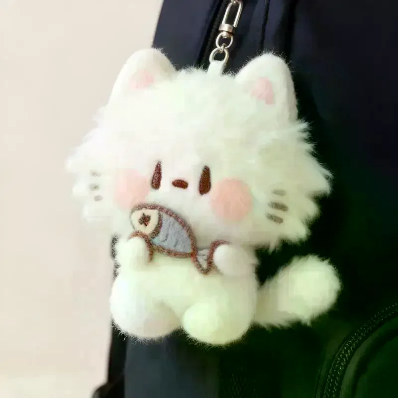 Fluffy Plush Kitten Key Chain Cartoon Cat With Fork Fish Embroidery Backpack Bag Pendant Cute Gift For Women Girls 1PC Lovely