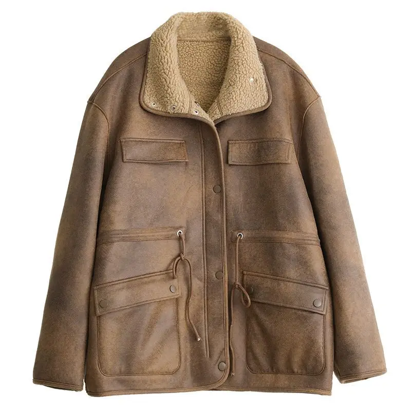 Winter New Women's Suede Reversible Jacket Reversible Thicken Warm Motorcycle Coat Fashion Couple Loose Lambswool Jacket Trend