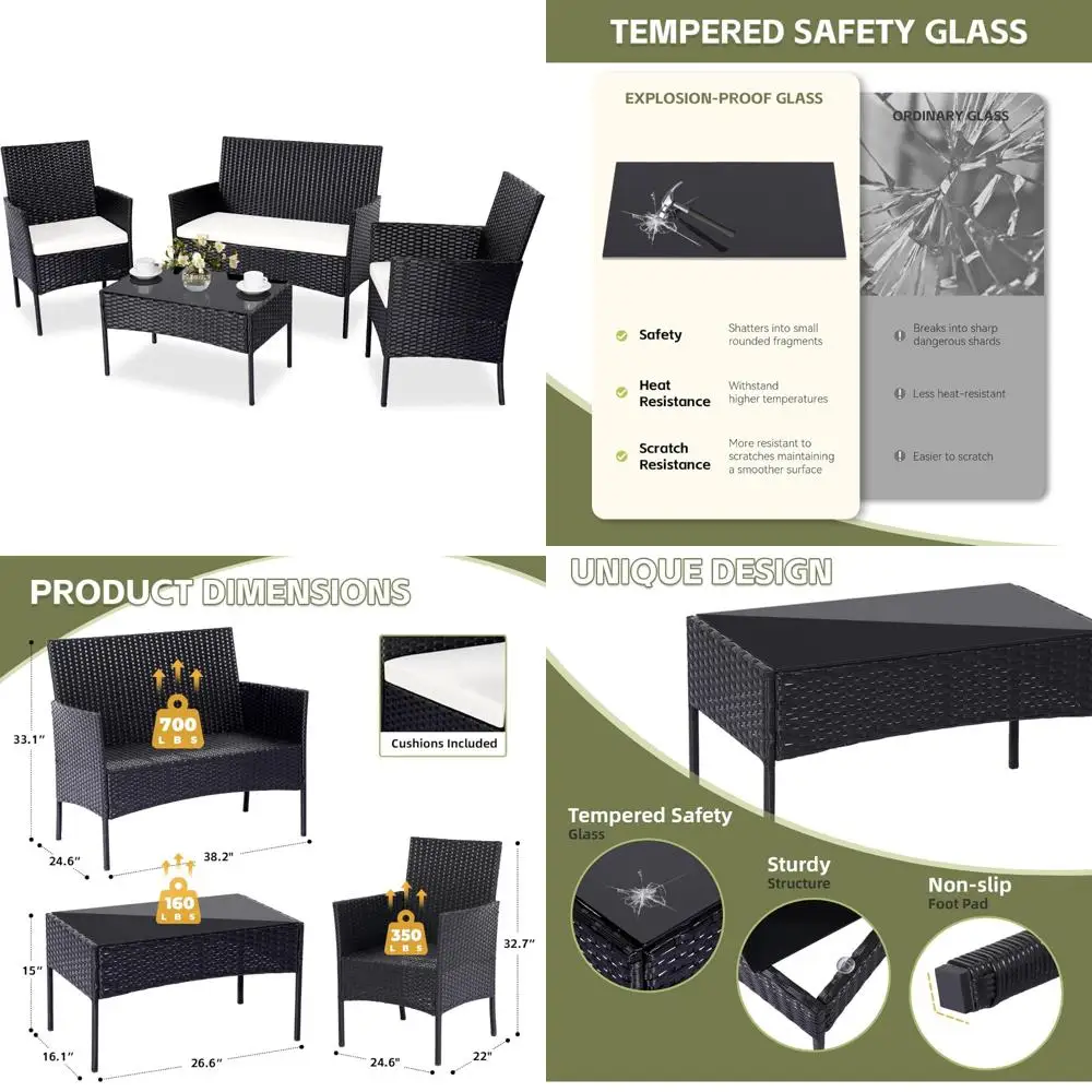 

4-Piece Outdoor Wicker Rattan Conversation Set with Patio Table and Chairs, Black Sectional Sofa