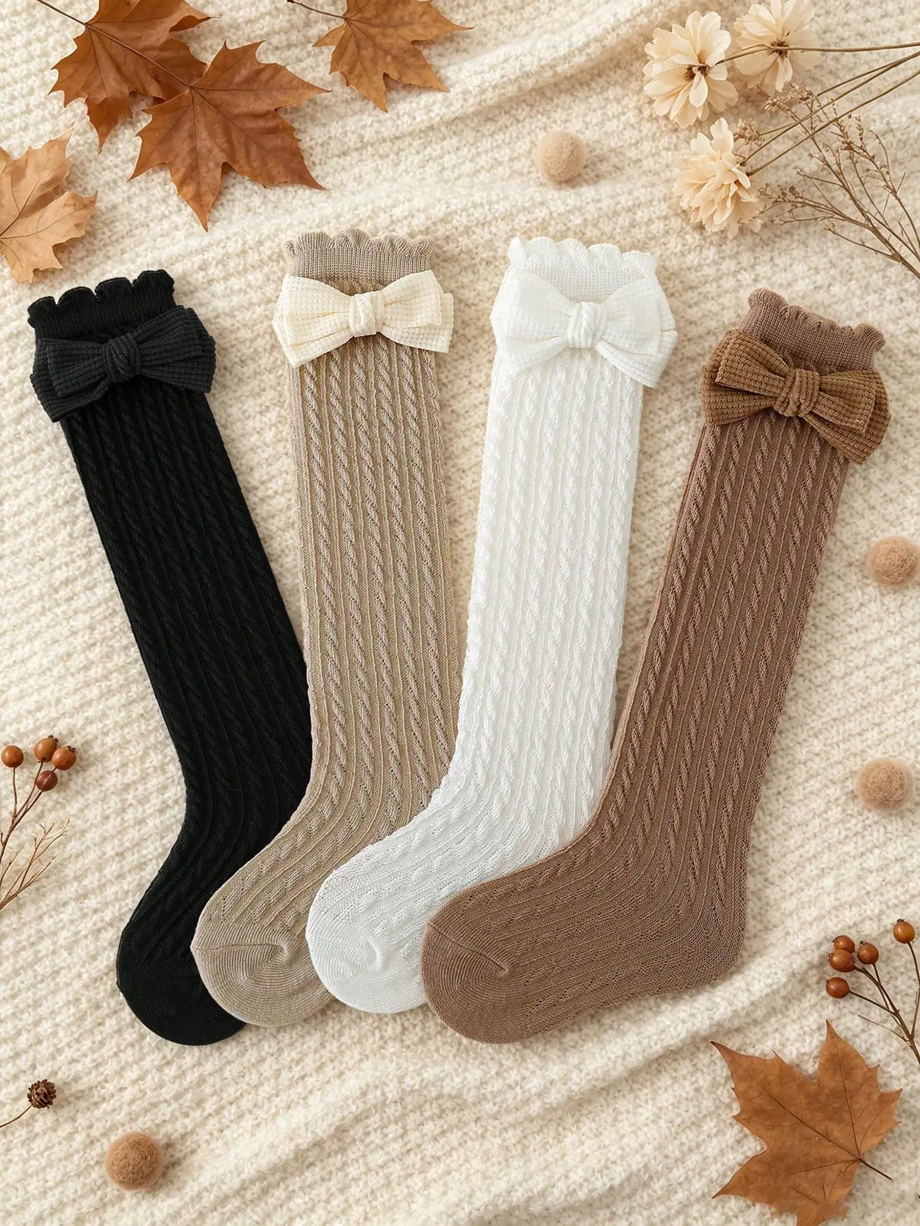 4 Pairs Kids Sweet Cute Cable Knit Straight Tube Socks, Autumn/Winter Vintage School Style Girls Long Socks, Suitable For Back To School Season Matching School Uniform.sk25100588444774907