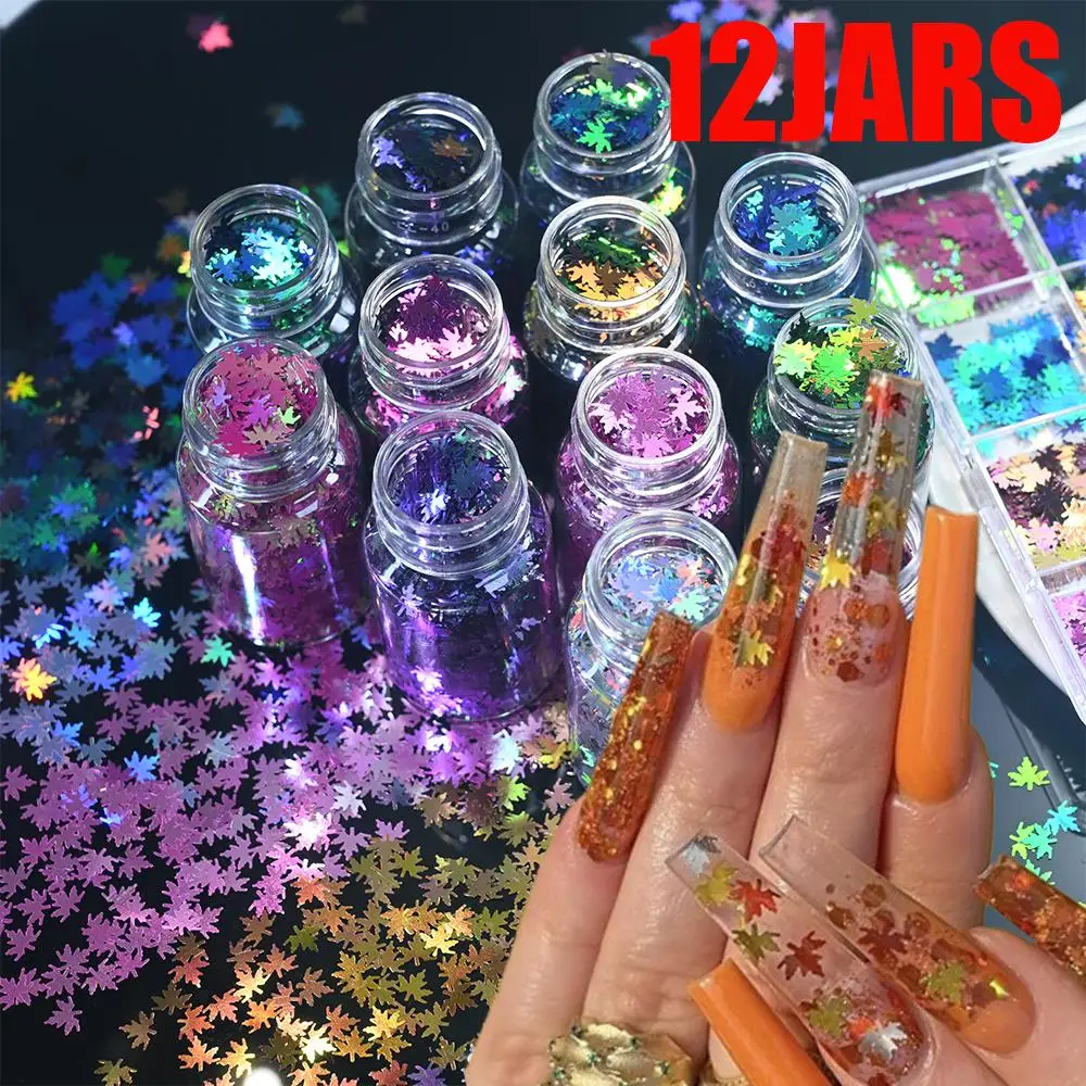 12Jars/Set Chameleon Maple Leaf Nail Glitter Sequins Holographic Maples Nails Flakes Autumn Leaves Manicure Decoration Paillette