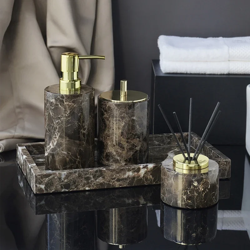 Emperador Dark Natural Marble Bathroom Accessories Luxury Soap Dispenser Soap Dish Reed diffuser Bathroom Set
