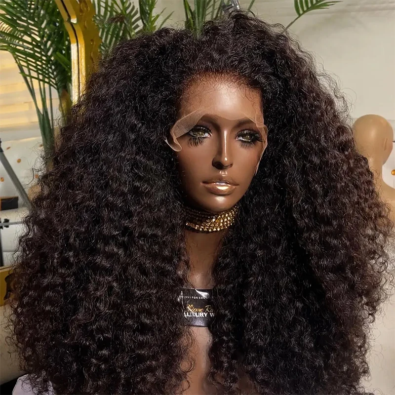 Natural Black Soft 26“ Long Glueless 180Density Kinky curly Lace Front Wig For Women BabyHair  Preplucked Heat Resistant Daily