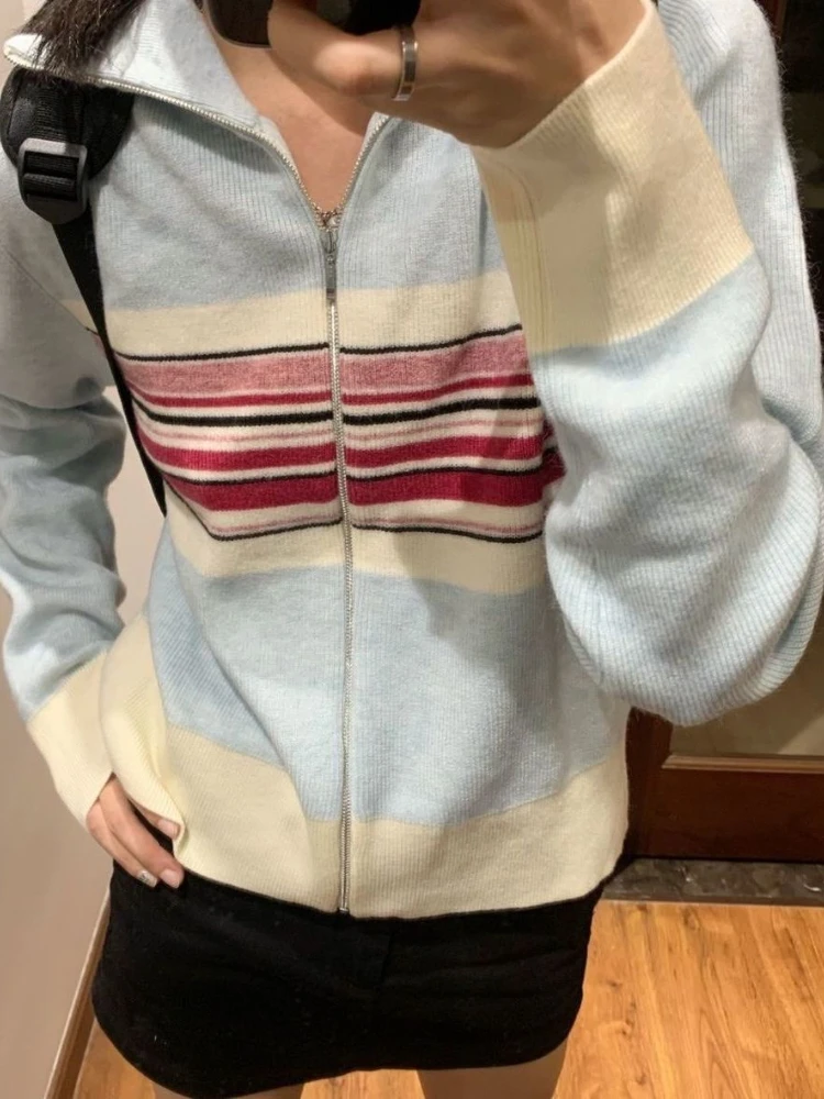 KOSAHIKI Vintage Ins Fashion Striped Cardigan Women Autumn Thin Casual Slim Knit Sweater Coat Y2k Aesthetic Grunge Kardigan Cute