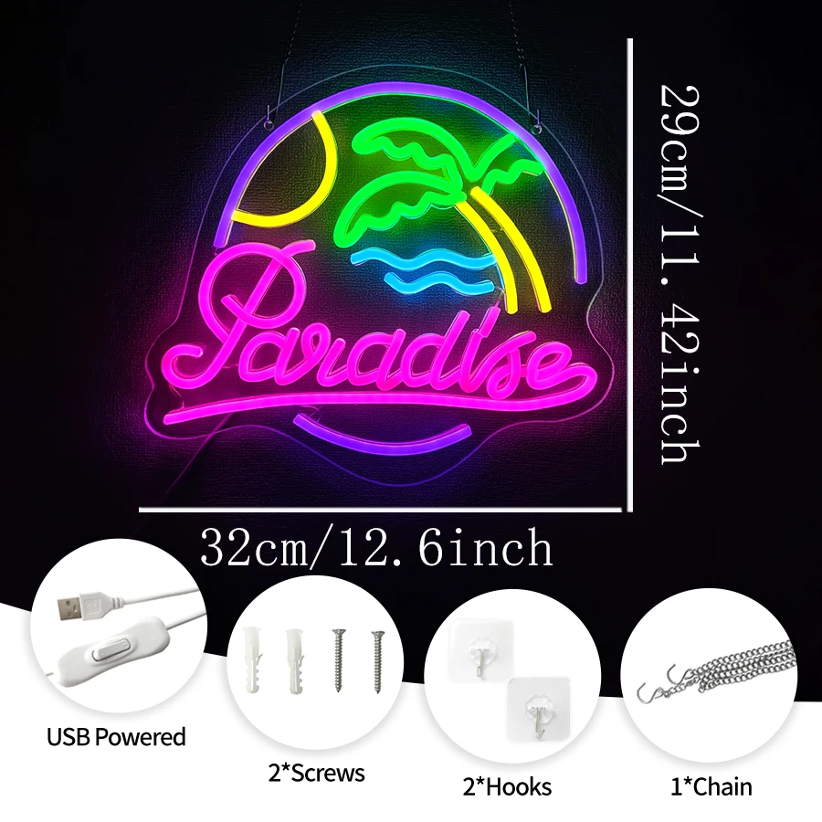 Paradise Led Neon Sign, Tung Palm Tree Holiday Icon, Usb Powered, Suitable For Bedroom, Bar, Restaurant, Party Art Decor.