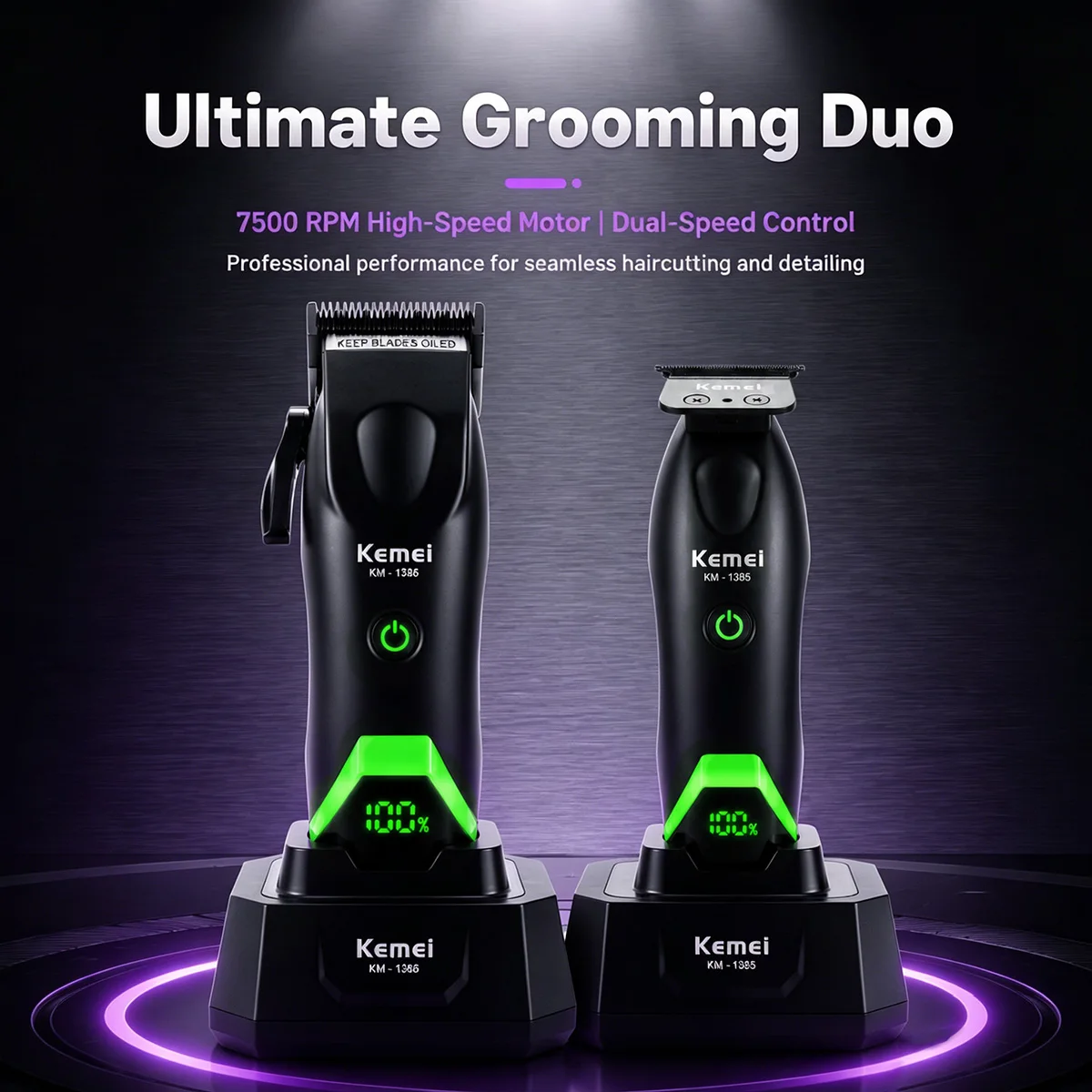 Kemei Hair Clippers Men Professional Kit DLC Blade 7500RPM DCMotor with Dock Barber Machine Hair Trimmer Machine KM-1386 KM-1385