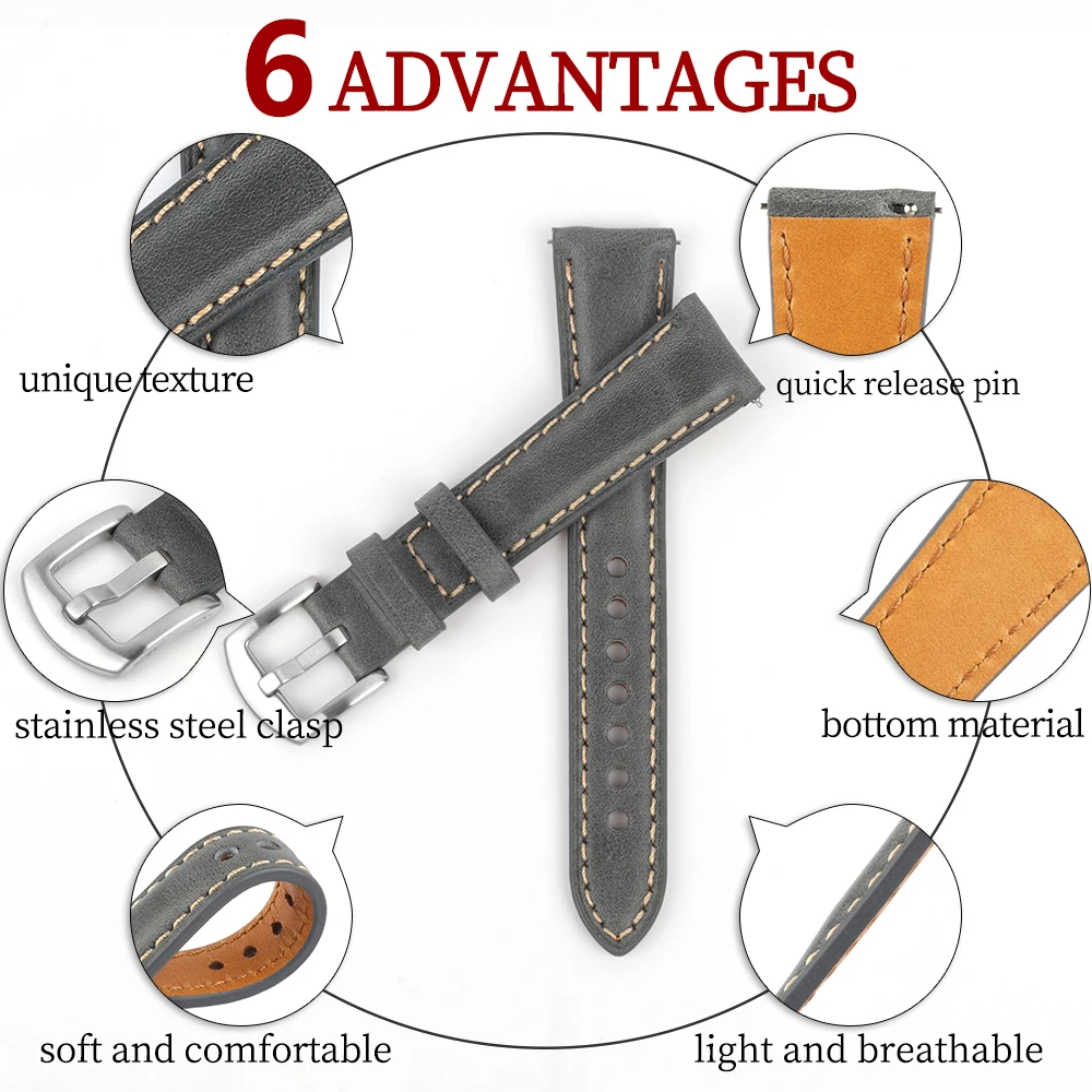 Genuine Leather Handmade Stitching Soft Watch Band 20mm 22mm Quick Release Strap for Women Men Watchband Replacement Accessories