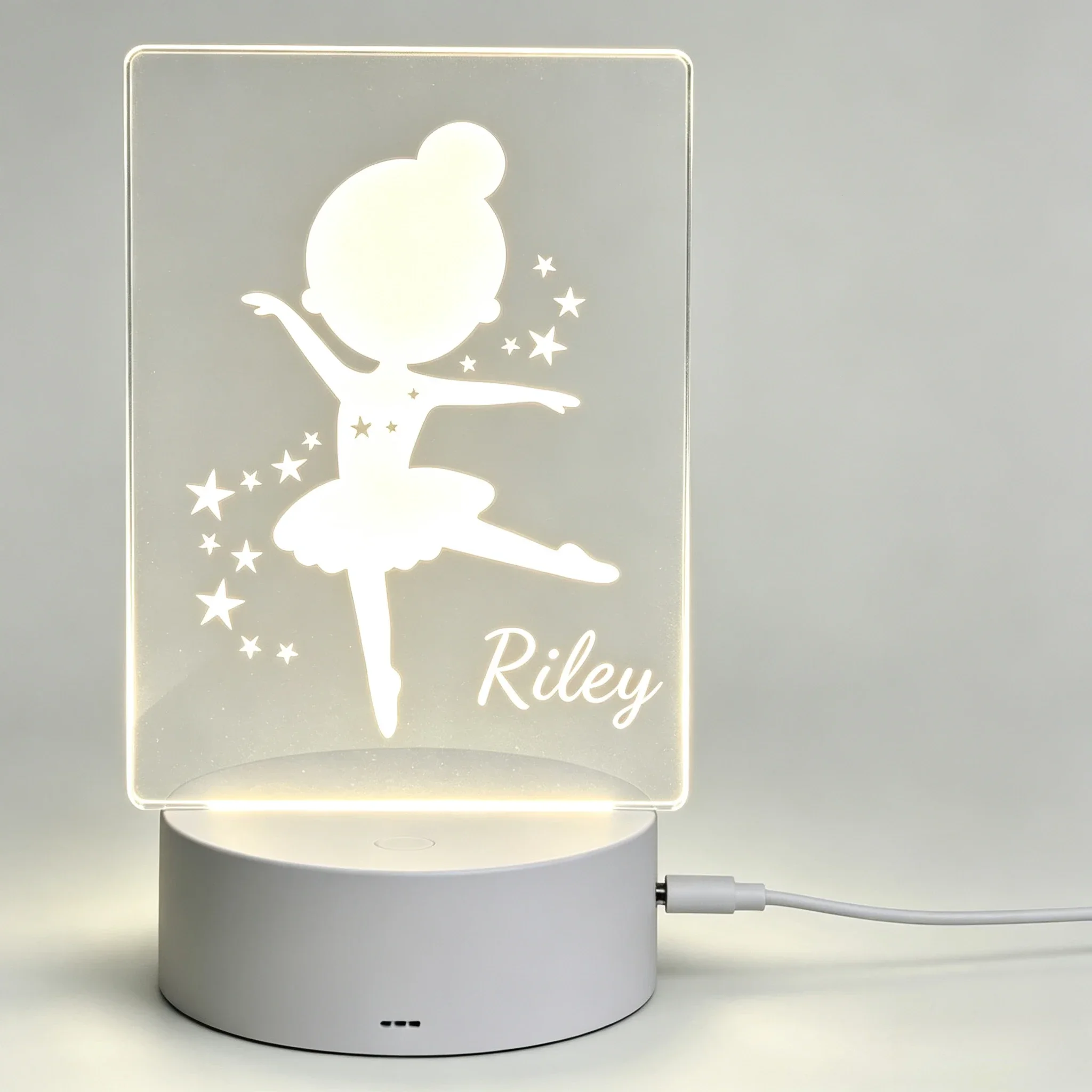 Cute Dancing Ballerina With Star Engraved Acrylic Night Light Custom Text Desk Decor Lamp